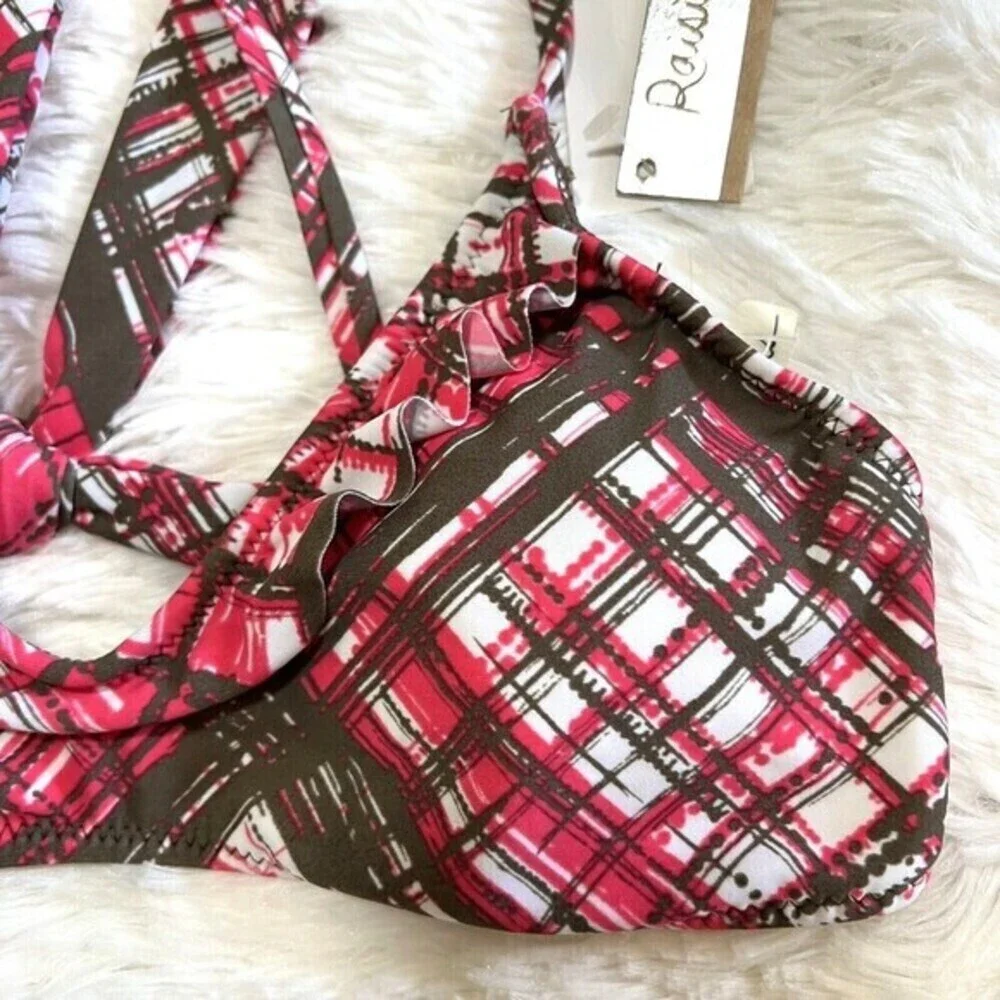 RAISINS Girl's Ruffle Swim Bikini Top Size M Plaid Pink,‎ Brown, White